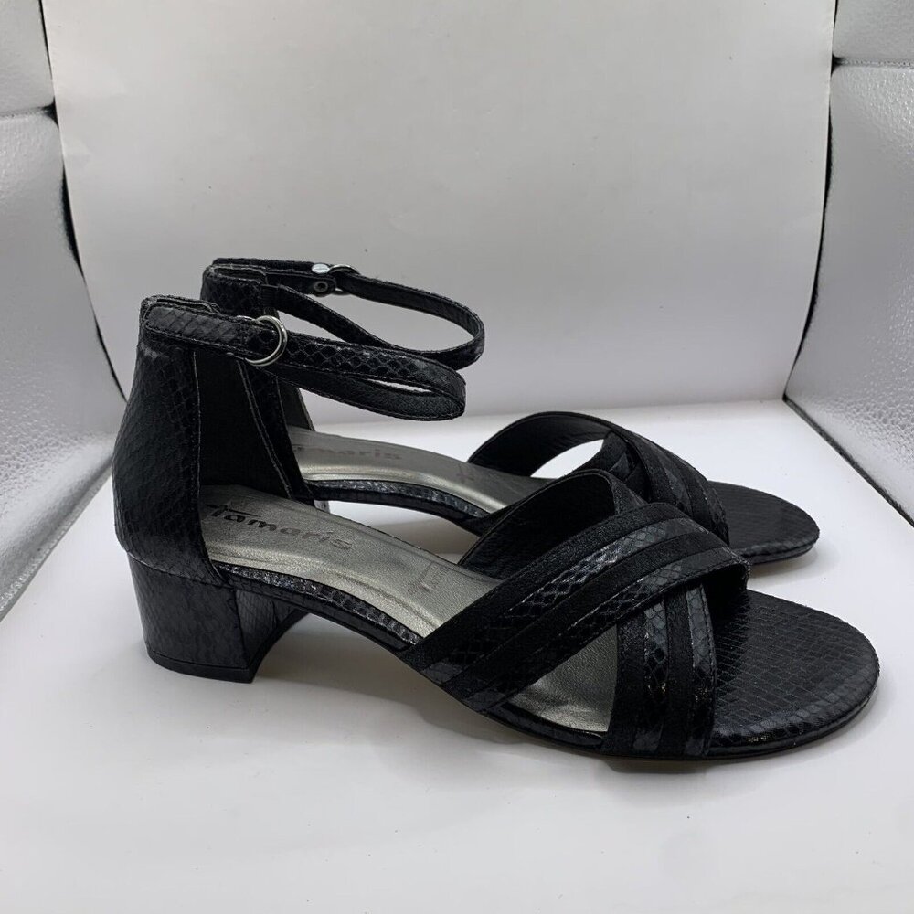 Tamaris Women’s black Leather heel chunky ankle strap Sandals Size 41, US 9.5